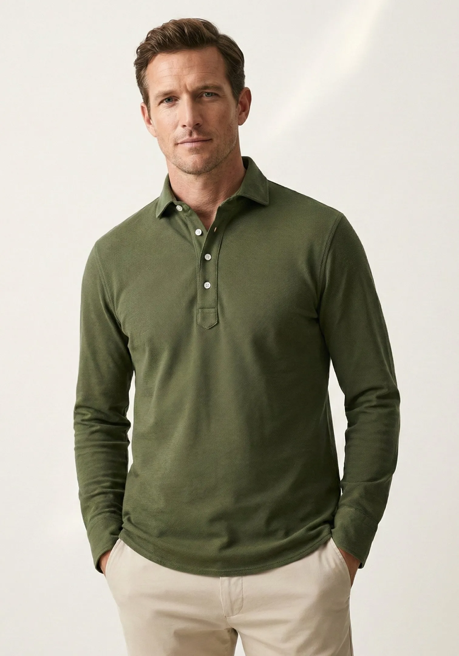 Military Green Feather Soft Piqué Popover Full Sleeve Polo Shirt sold by Brisk Shirts product image thumbnail 2