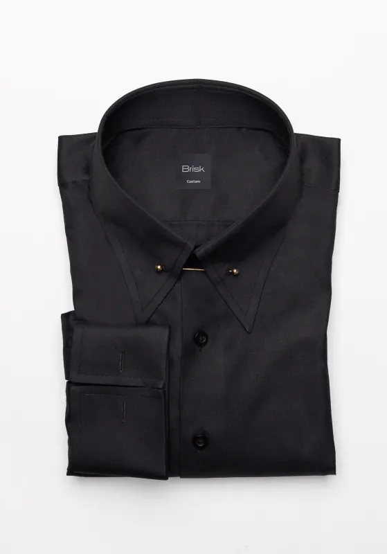 Jet Black Twill Shirt - High Classic Collar With Golden Pin & French Cuffs Unused Sample made by Brisk Shirts