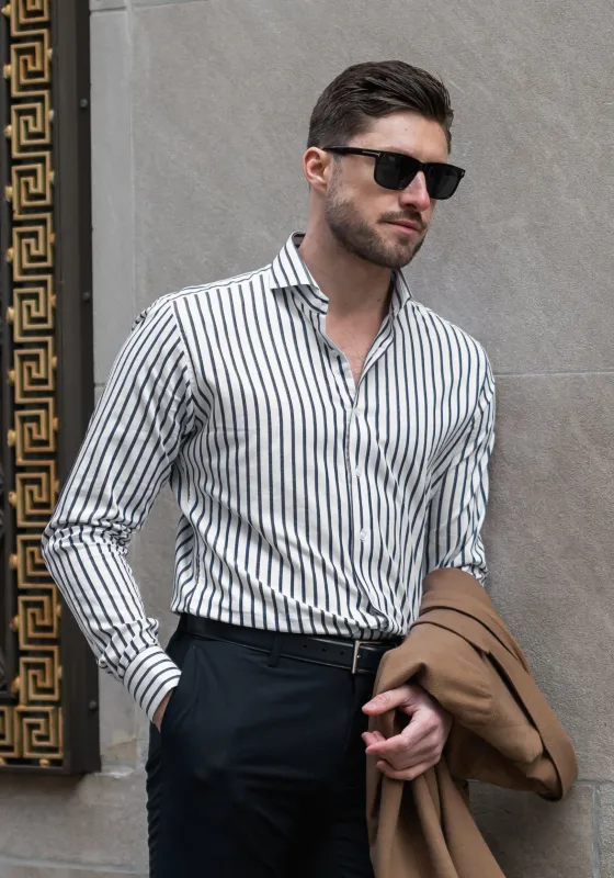 Black Wide Stripes Shirt - Cutaway Extreme Collar made by Brisk Shirts