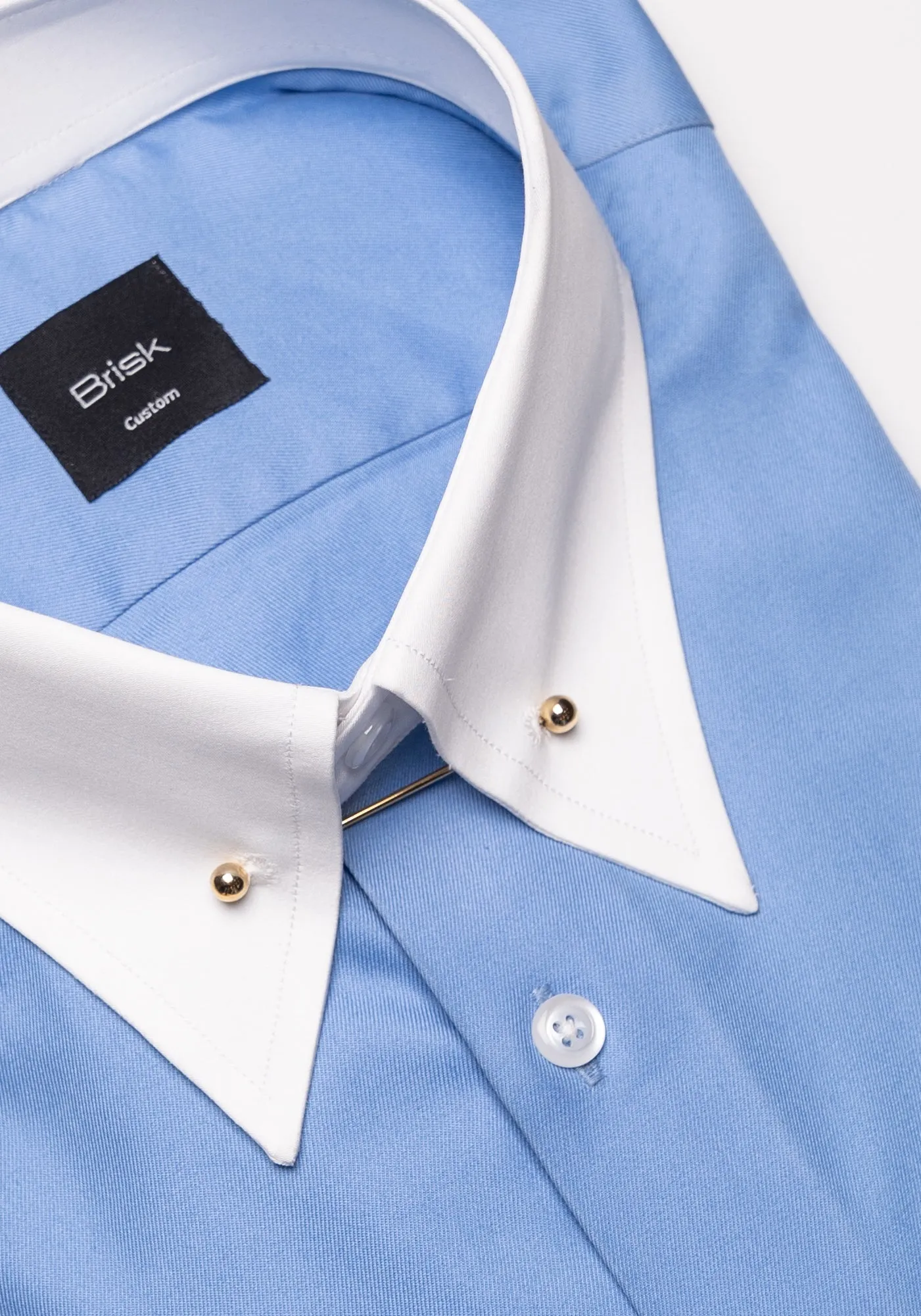Mid Blue Twill Shirt - White Low Classic Golden Pin Collar & French Cuffs Unused Sample sold by Brisk Shirts product image thumbnail 2