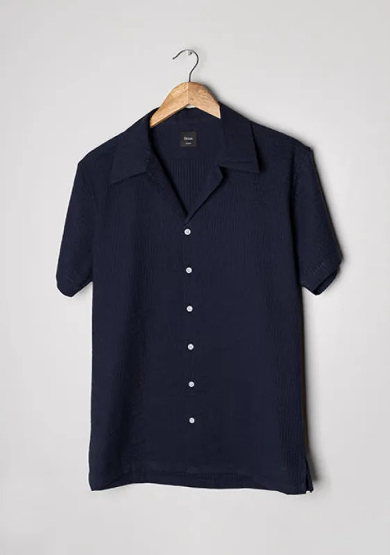 Crisp Midnight Seersucker Strips Shirt - Camp Collar sold by Brisk Shirts
