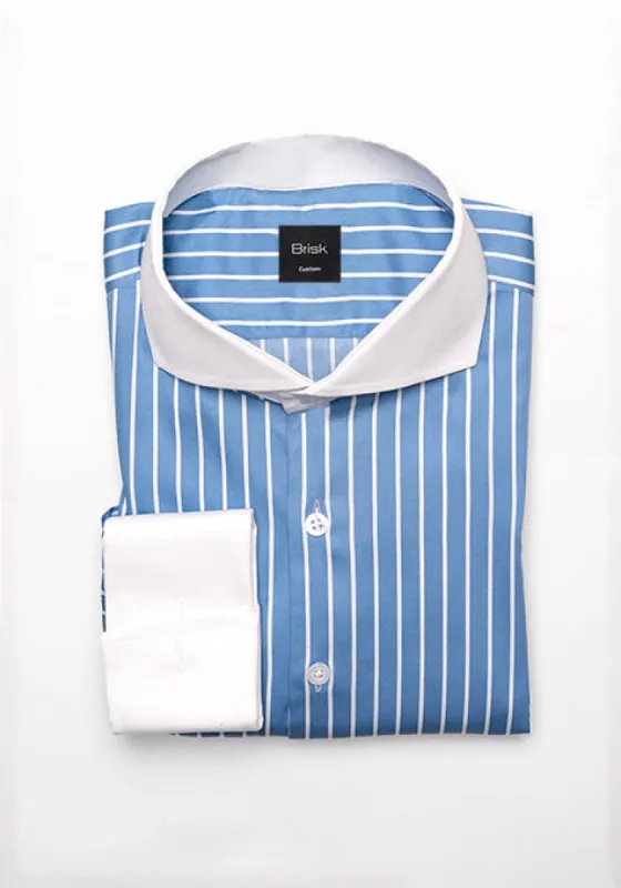 Super Fine Blue Satin Stretch Stripes Shirt - White Cut Away Extreme Collar sold by Brisk Shirts