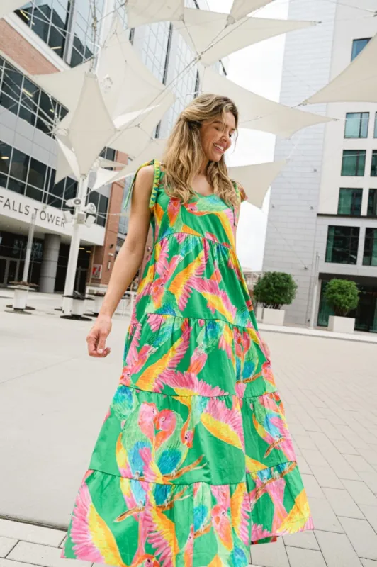 Annie Embroidered Tie Shoulder Maxi Dress- Tropical Bird sold by Briton Court