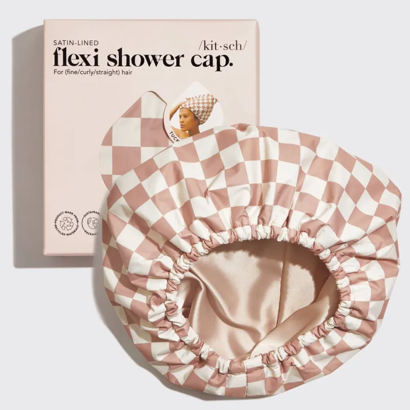 Satin Lined Flexi Shower Cap - Terracotta Checker sold by Care Tucker