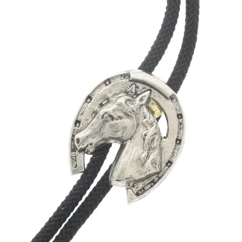 Horse Shoe Bolo Tie, Black Cord Silver Tips sold by Care Tucker
