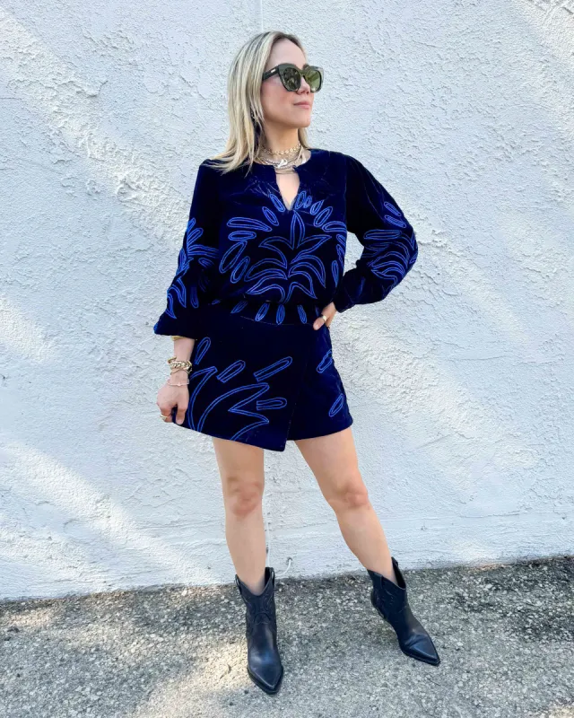 Embroidered Navy Velvet Skort sold by Care Tucker
