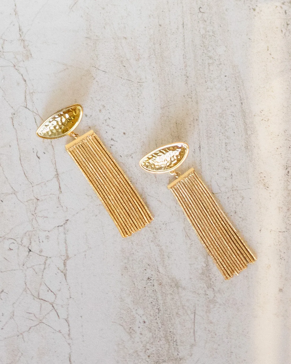 Hammered Metal Half Disc Gold Tassel Earrings sold by Care Tucker product image thumbnail 2