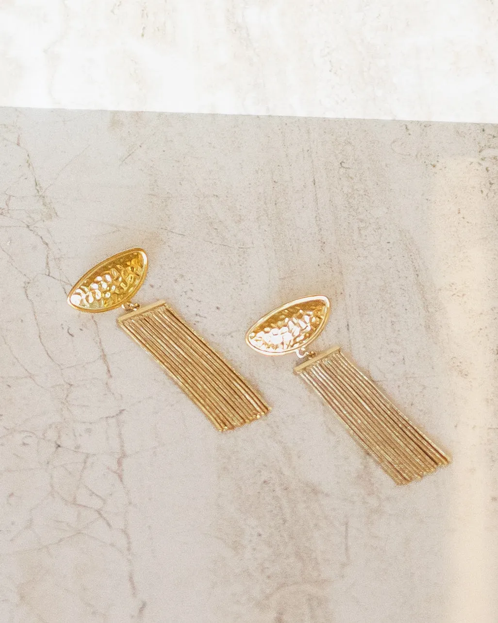 Hammered Metal Half Disc Gold Tassel Earrings sold by Care Tucker product image thumbnail 3