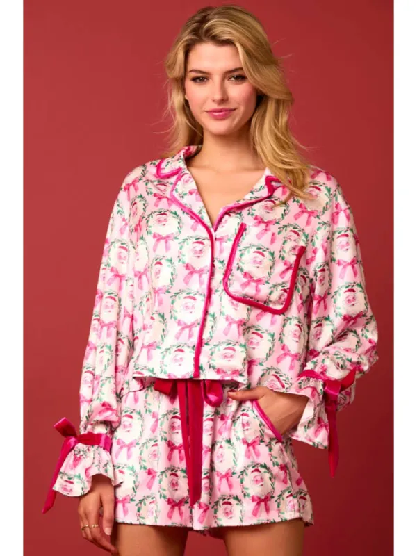 Satin Santa & Bow Prints Pajama Set sold by Care Tucker