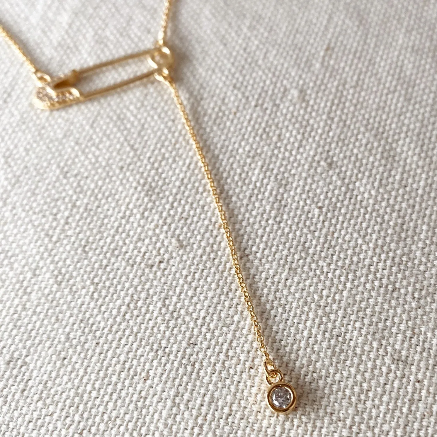 18k Gold Filled Safety Pin Necklace Featuring Cubic Zirconia Accents sold by Care Tucker product image thumbnail 3