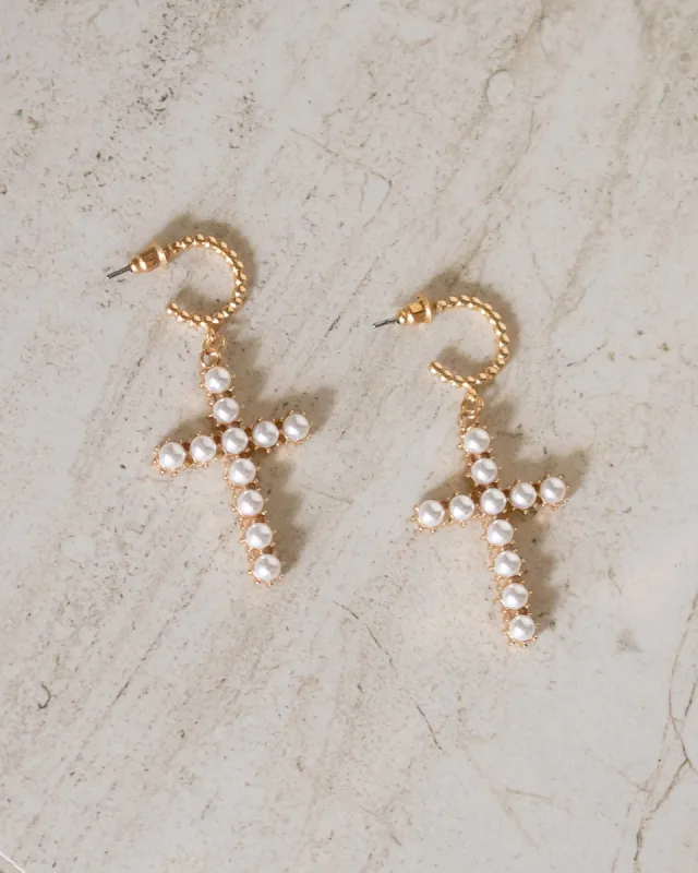 Pearl Studded Cross Gold Dangle Earrings sold by Care Tucker