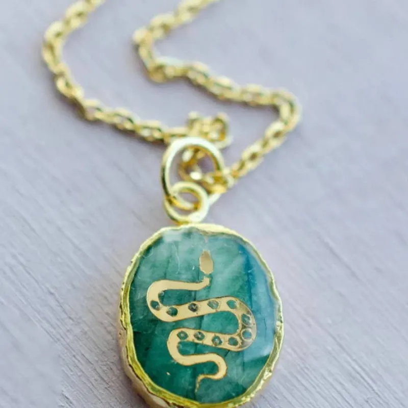 Gemstone Pendant Hand Painted Gold- Aquamarine Snake sold by Care Tucker