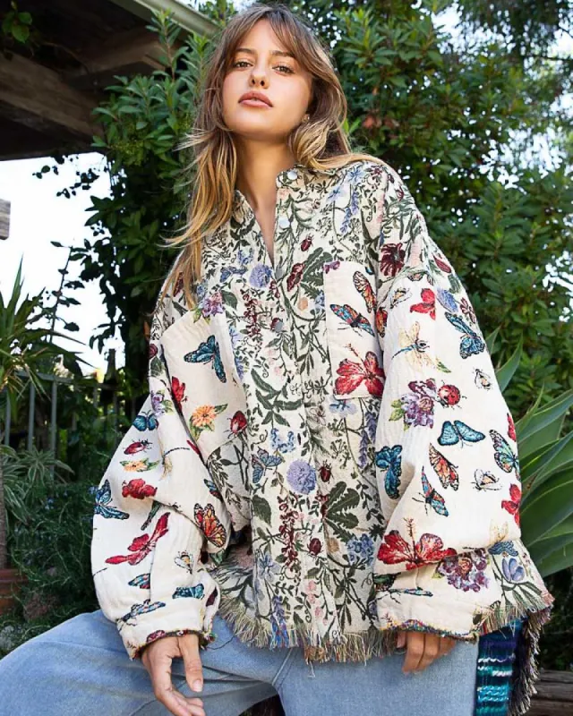 Oversized Jacquard Raw Edge Raglan Vintage Shacket sold by Care Tucker