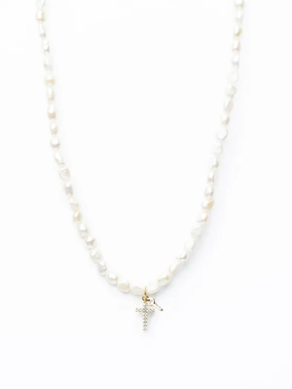 Freshwater Pearl and Mini GRACE Pavé Cross Necklace sold by Care Tucker