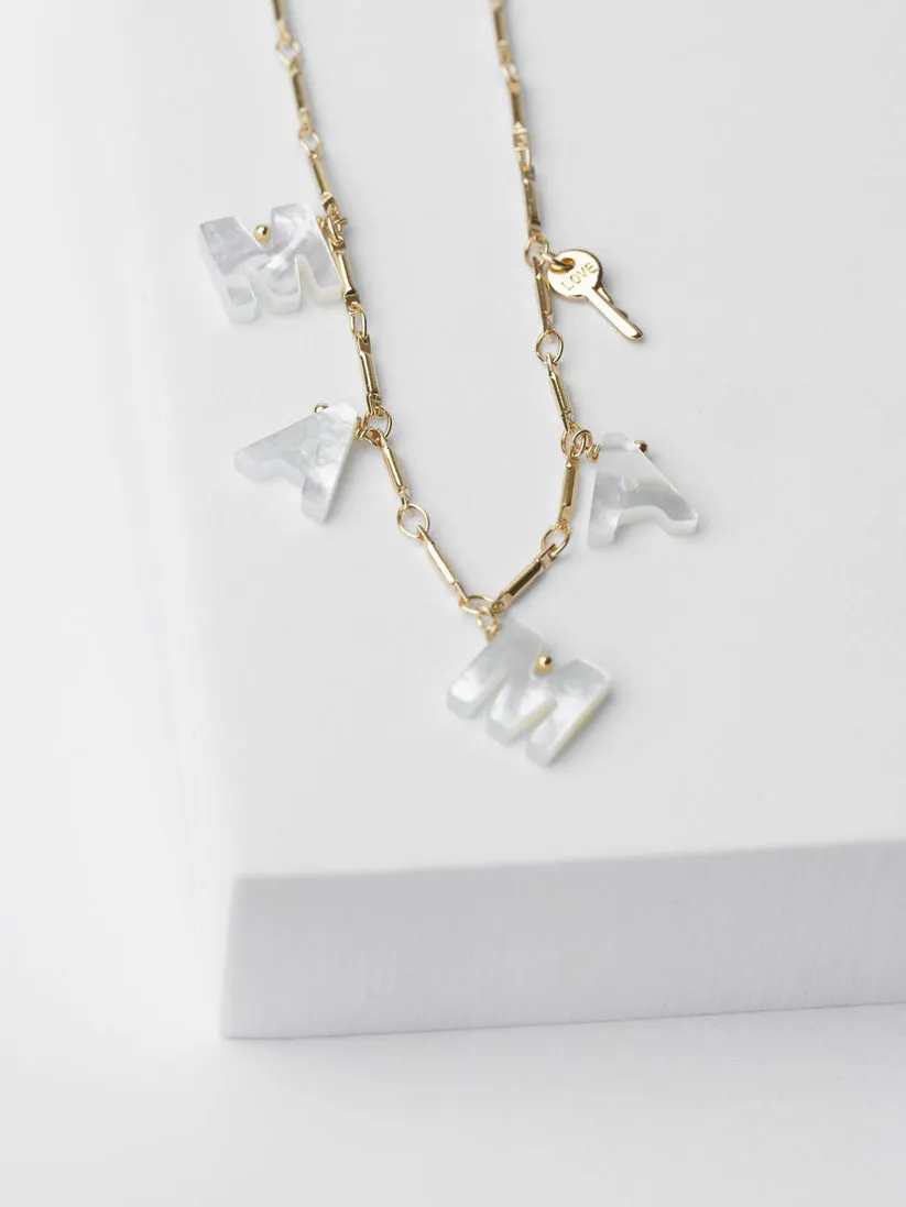 MAMA Mother of Pearl and Mini Key Necklace sold by Care Tucker