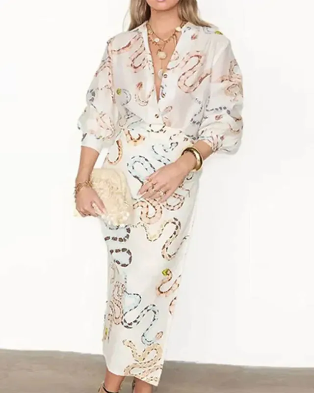 SNAKE PRINT SHIRT SLIT SKIRT LOOSE SET made by Care Tucker