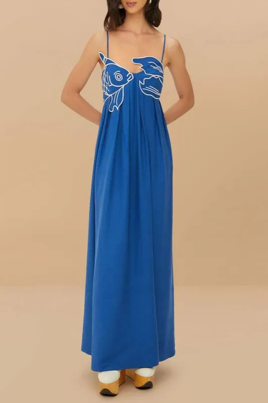 Vivid goldfish embroidered maxi dress sold by Care Tucker