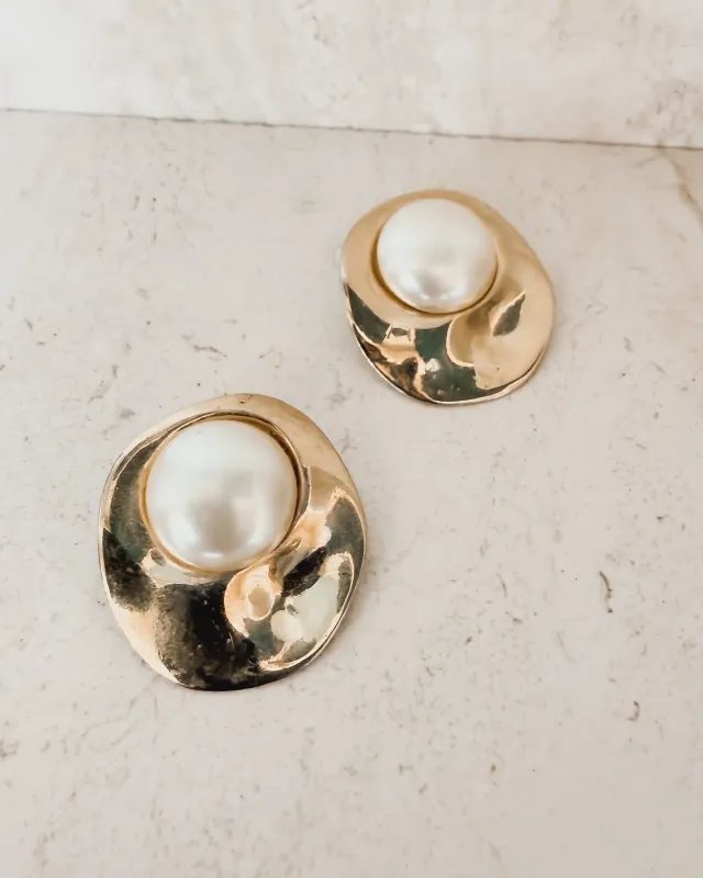 Vintage Gold-Tone Discs and Pearl Clip Earrings sold by Care Tucker