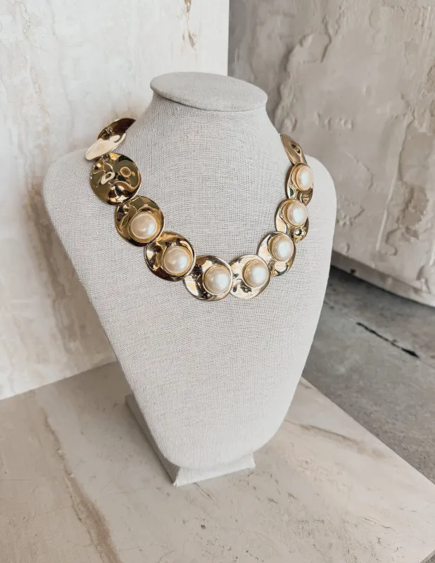 Vintage Gold-Tone Discs and Pearl Necklace made by Care Tucker