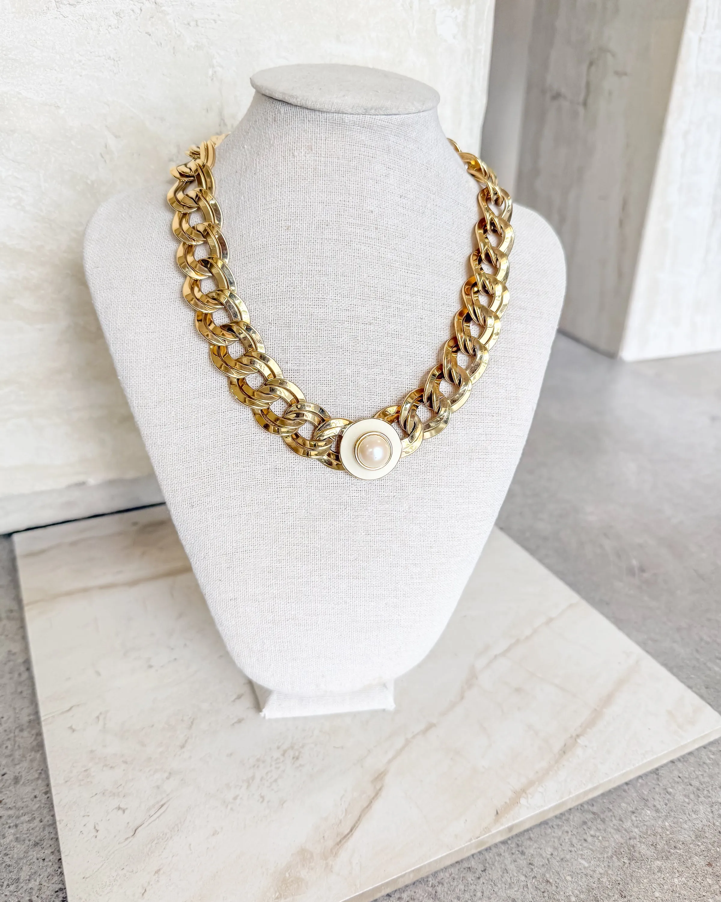 Vintage Pearl Cabochons Double Link Gold Necklace sold by Care Tucker