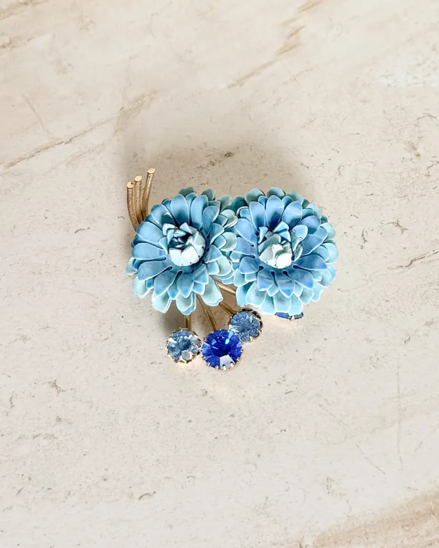 Vintage Brooch Blue Enamel Flower Metal Pin sold by Care Tucker