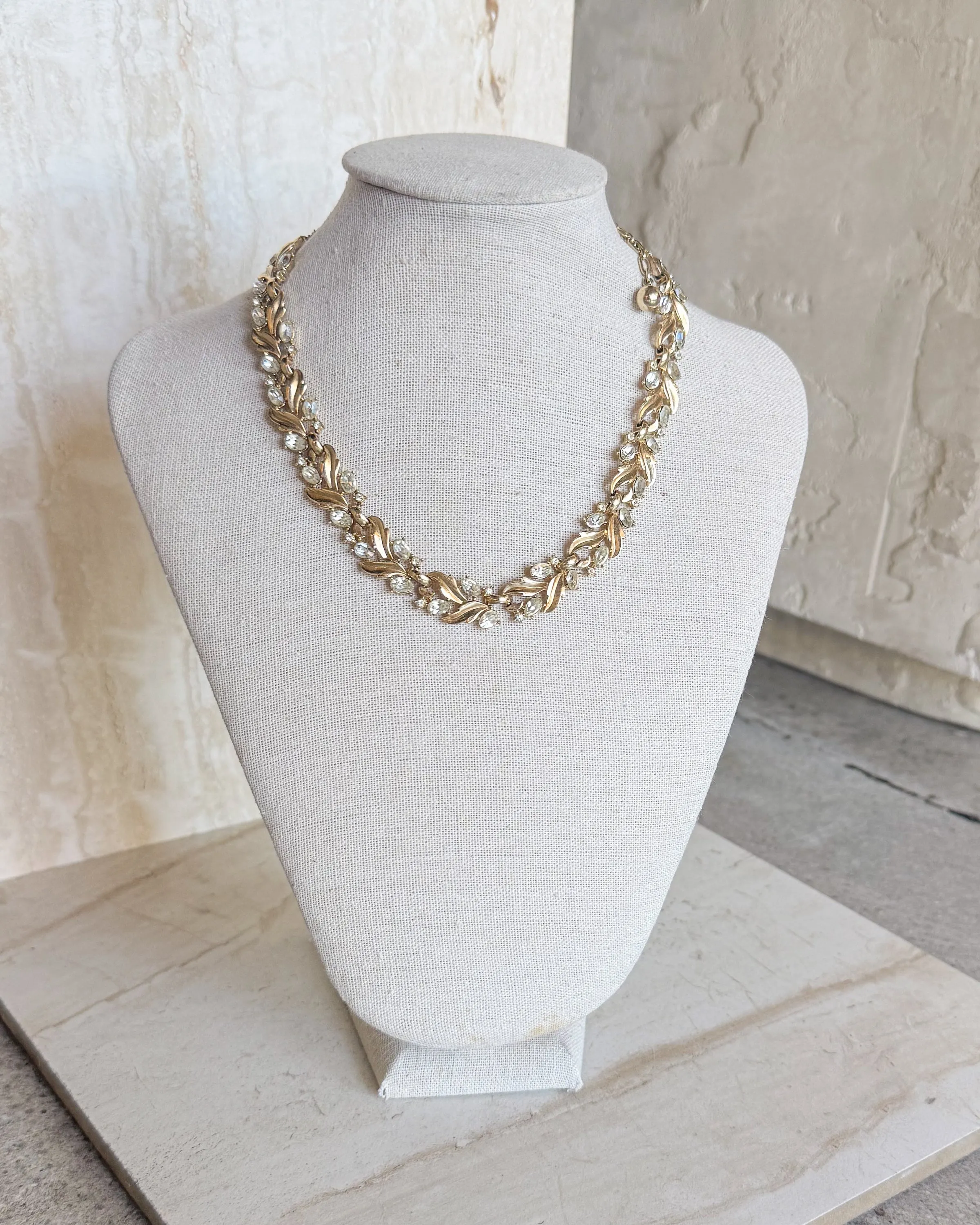 Vintage Gold Tone Rhinestone Leaf Necklace sold by Care Tucker