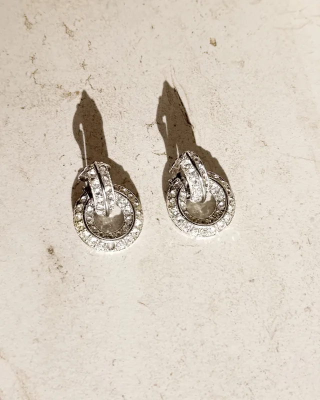 Vintage Circle Crystal Clear SILVERTONE Clip Earrings sold by Care Tucker
