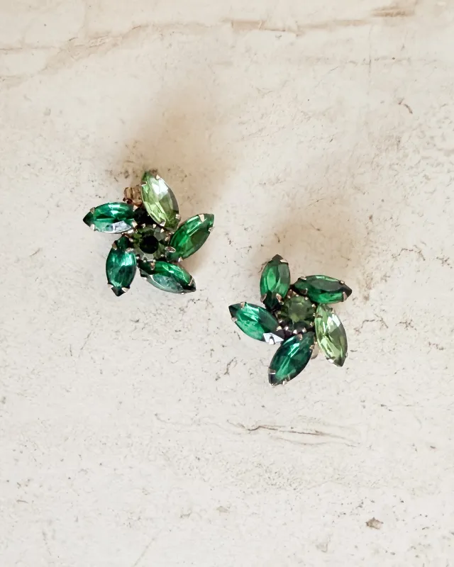 Vintage Fancy Emerald Green Rhinestone Flower Earrings sold by Care Tucker