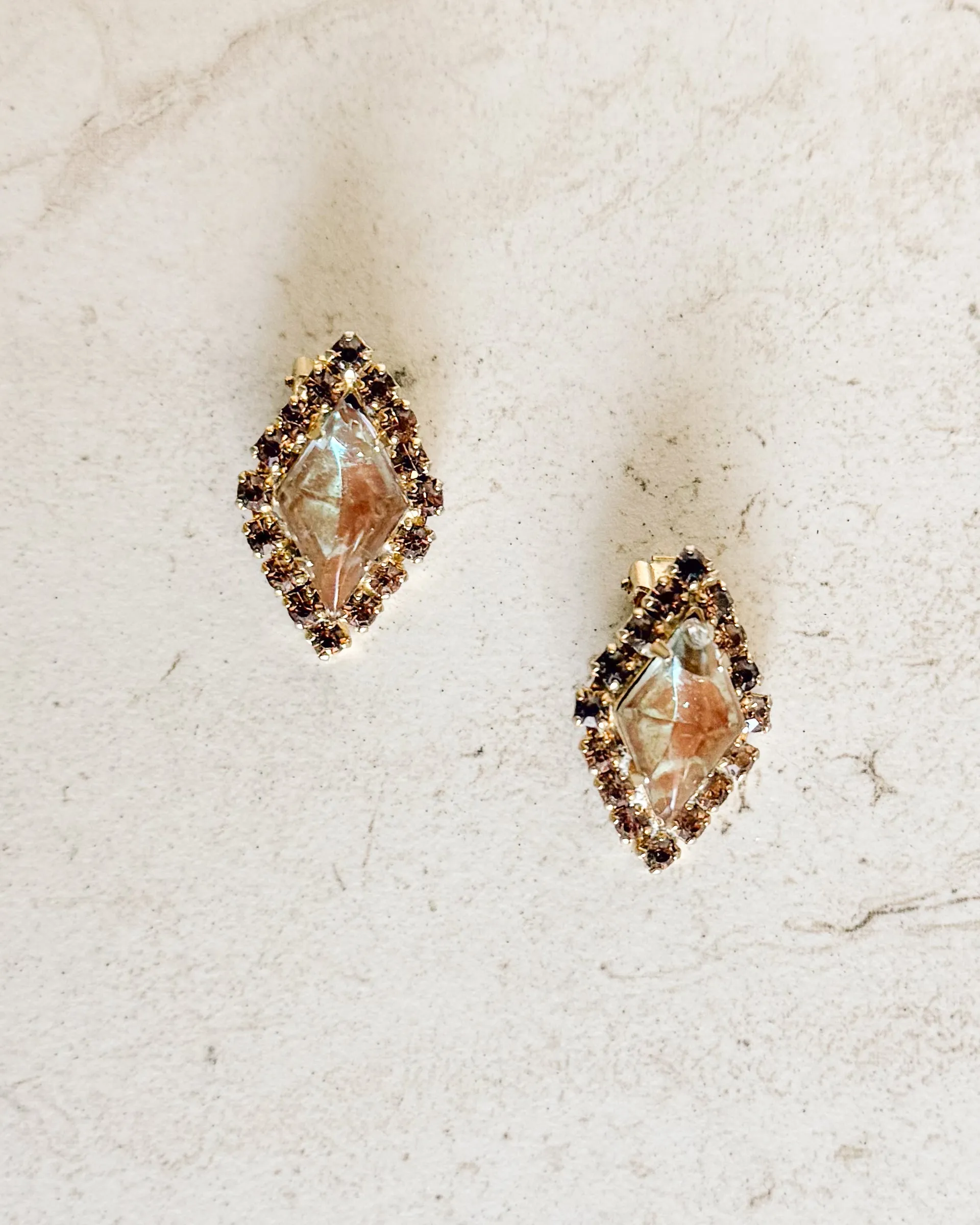Vintage Gold-Tone Topaz and Amber Rhinestone Clip Earrings sold by Care Tucker