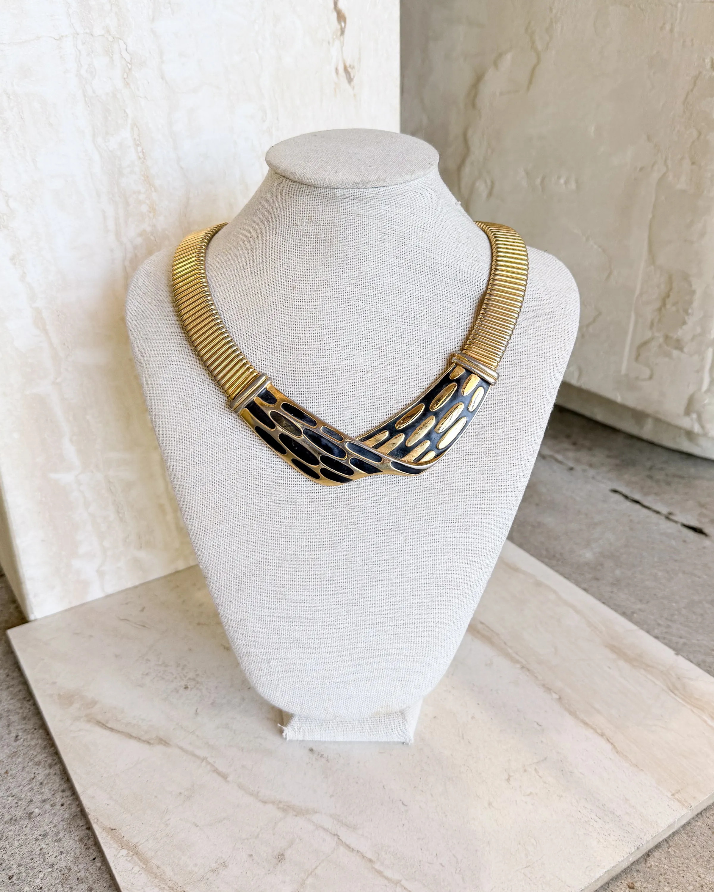 Vintage Signed Gold Tone And Black Retro Necklace 1980’s sold by Care Tucker