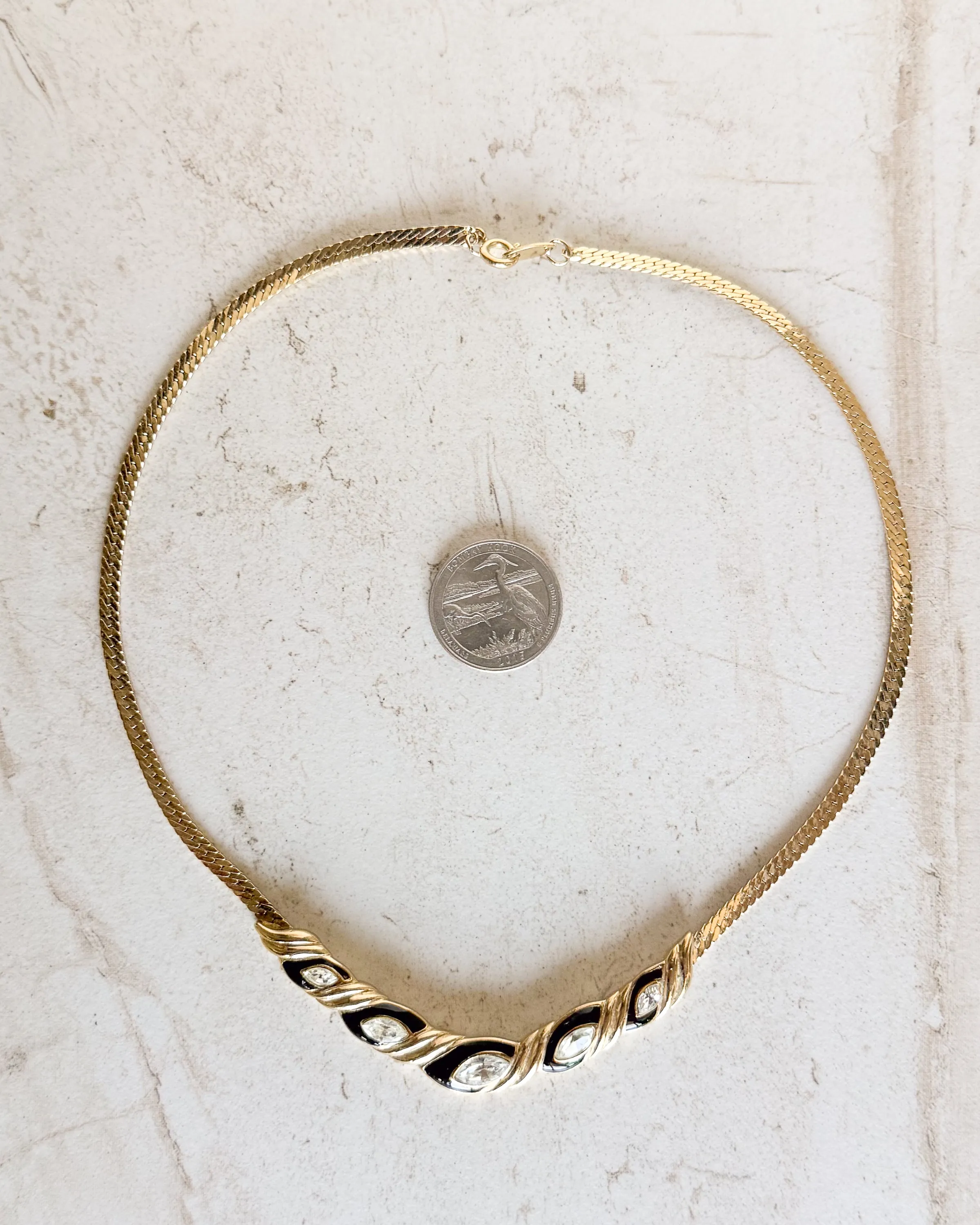 Vintage Signed black enamel, clear rhinestone necklace sold by Care Tucker product image thumbnail 2