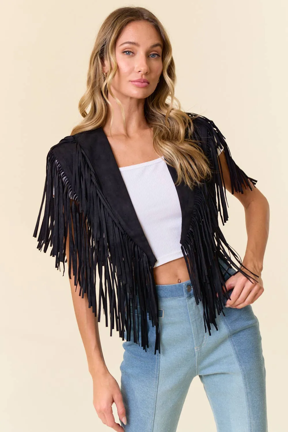 Stephanie FRINGE SUEDE Cape sold by Care Tucker