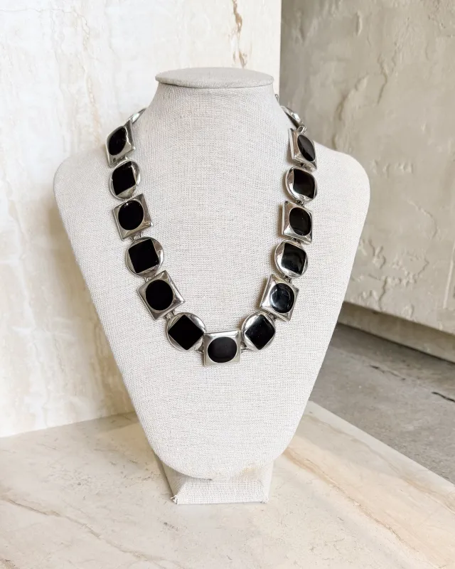 Vintage Stunning Black Enamel Silver Tone Link High End Collar Necklace sold by Care Tucker