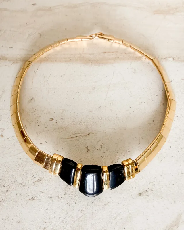 Vintage Signed Gold Band Collar Choker Black Necklace sold by Care Tucker