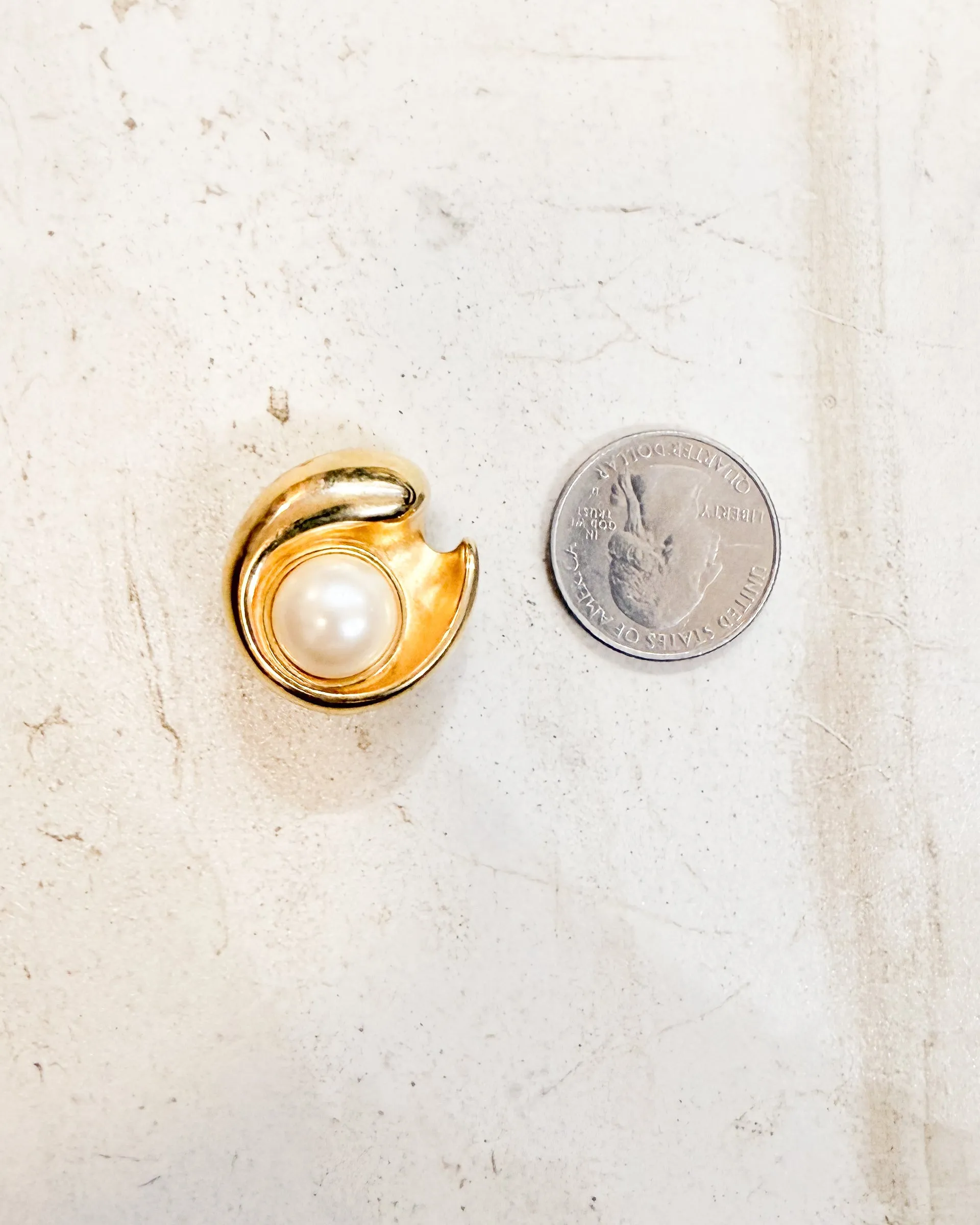 Vintage Signed Polished Gold Tone Swirl Clip On Earrings with Dome Pearl Center sold by Care Tucker product image thumbnail 3