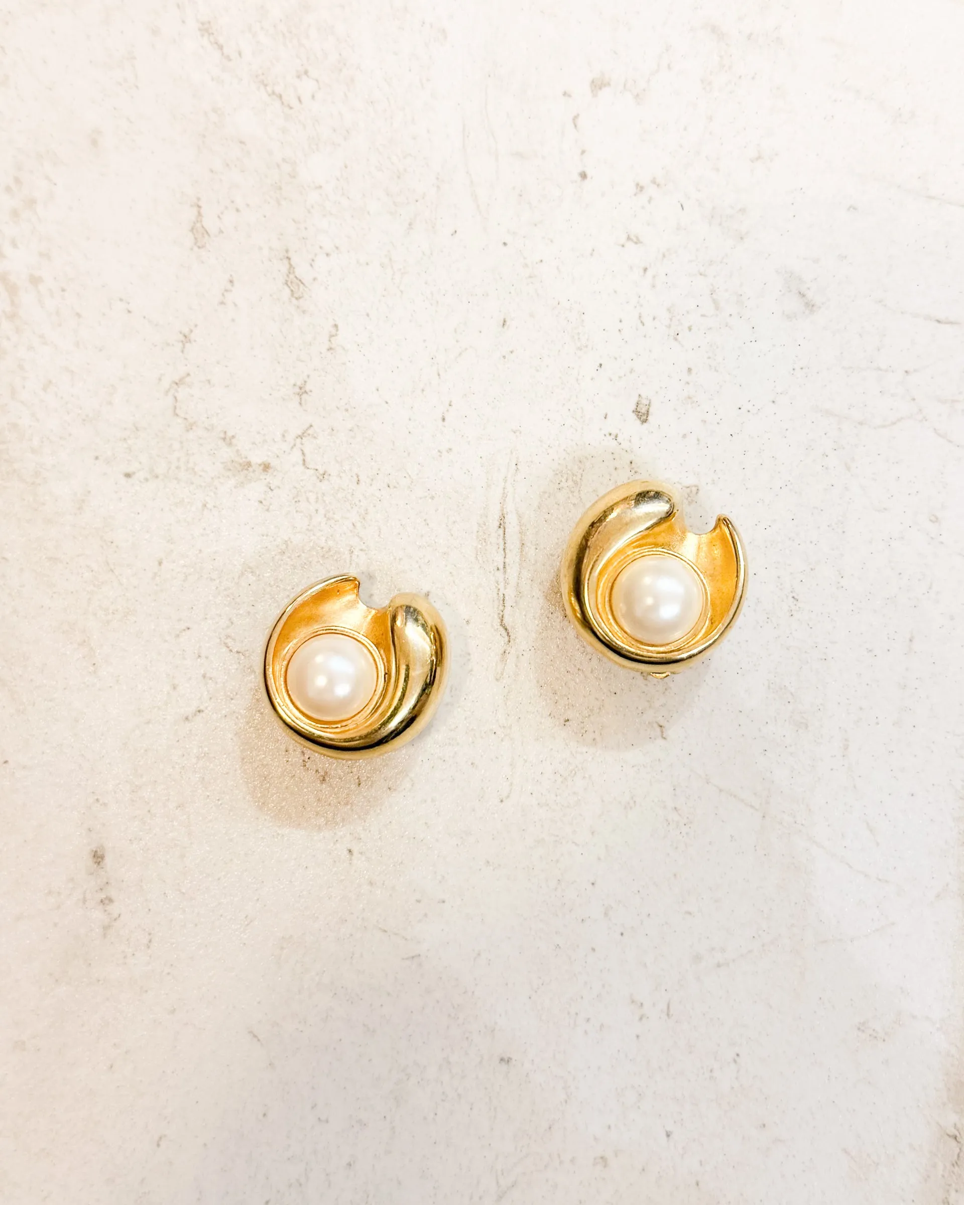 Vintage Signed Polished Gold Tone Swirl Clip On Earrings with Dome Pearl Center sold by Care Tucker product image thumbnail 2