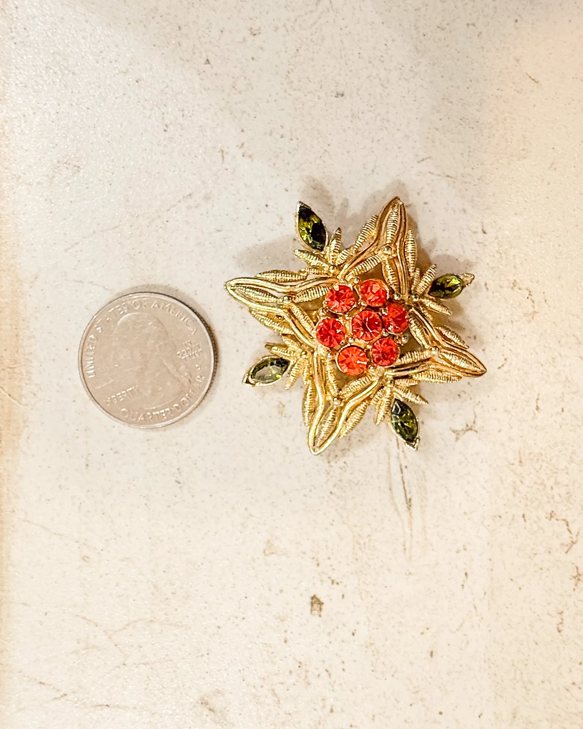 Vintage GOLD TONE RHINESTONE WITH GREEN AND PINK STONES Brooch Pin sold by Care Tucker product image thumbnail 2