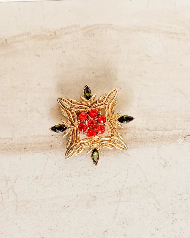 Vintage GOLD TONE RHINESTONE WITH GREEN AND PINK STONES Brooch Pin sold by Care Tucker