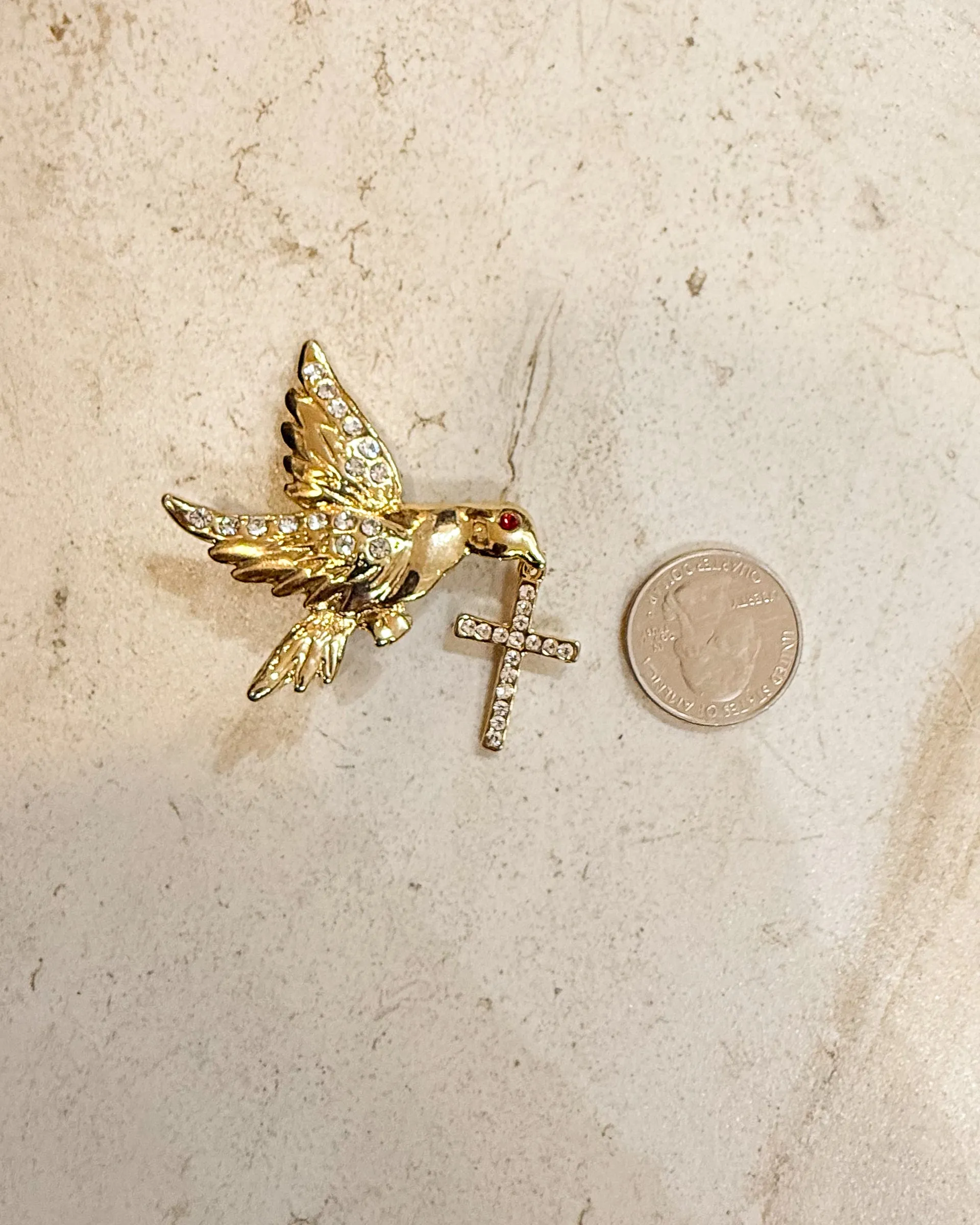 Vintage Gold Dove Red Eye Bird with Cross Brooch sold by Care Tucker product image thumbnail 3