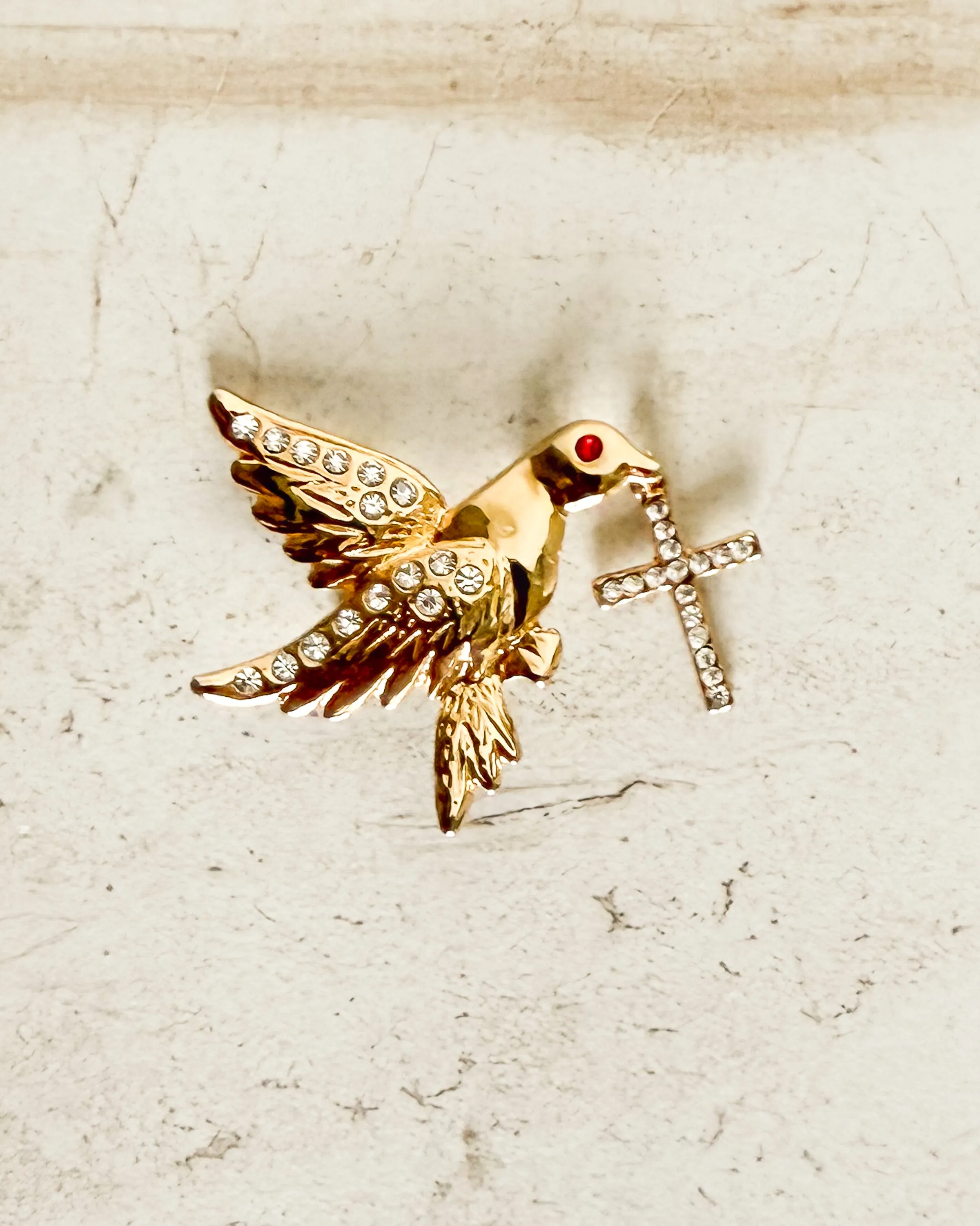 Vintage Gold Dove Red Eye Bird with Cross Brooch sold by Care Tucker product image thumbnail 2