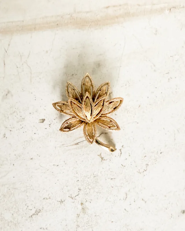 Vintage gold tone signed Lotus Flower floral brooch pin made by Care Tucker