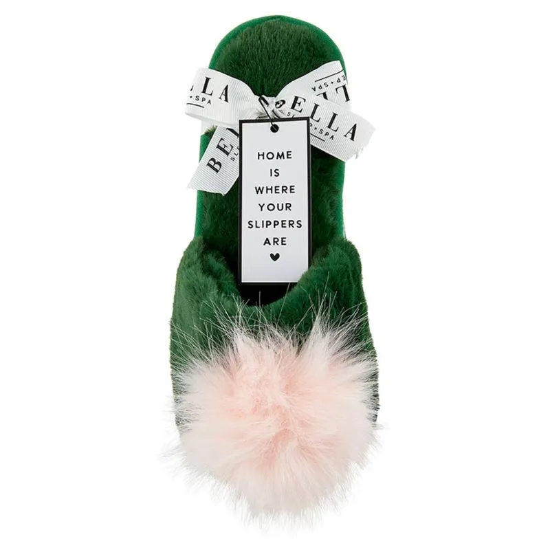 Plush Slippers - Green with Blush Pom Pom sold by Care Tucker