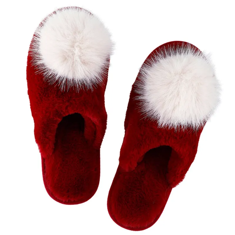 Plush Slippers - Burgundy + Beige Pom Pom sold by Care Tucker