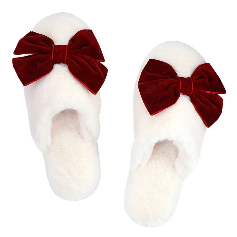 Plush Velvet Bow Slippers - Ivory + Burgundy Velvet Bow sold by Care Tucker