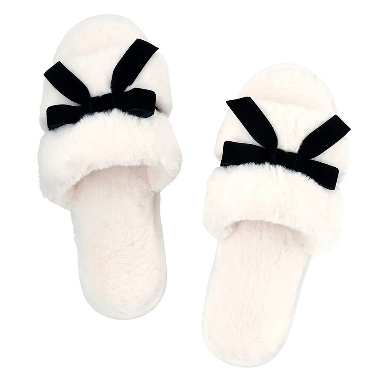 Plush Velvet Bow Slippers - Ivory + Black Velvet Bow sold by Care Tucker