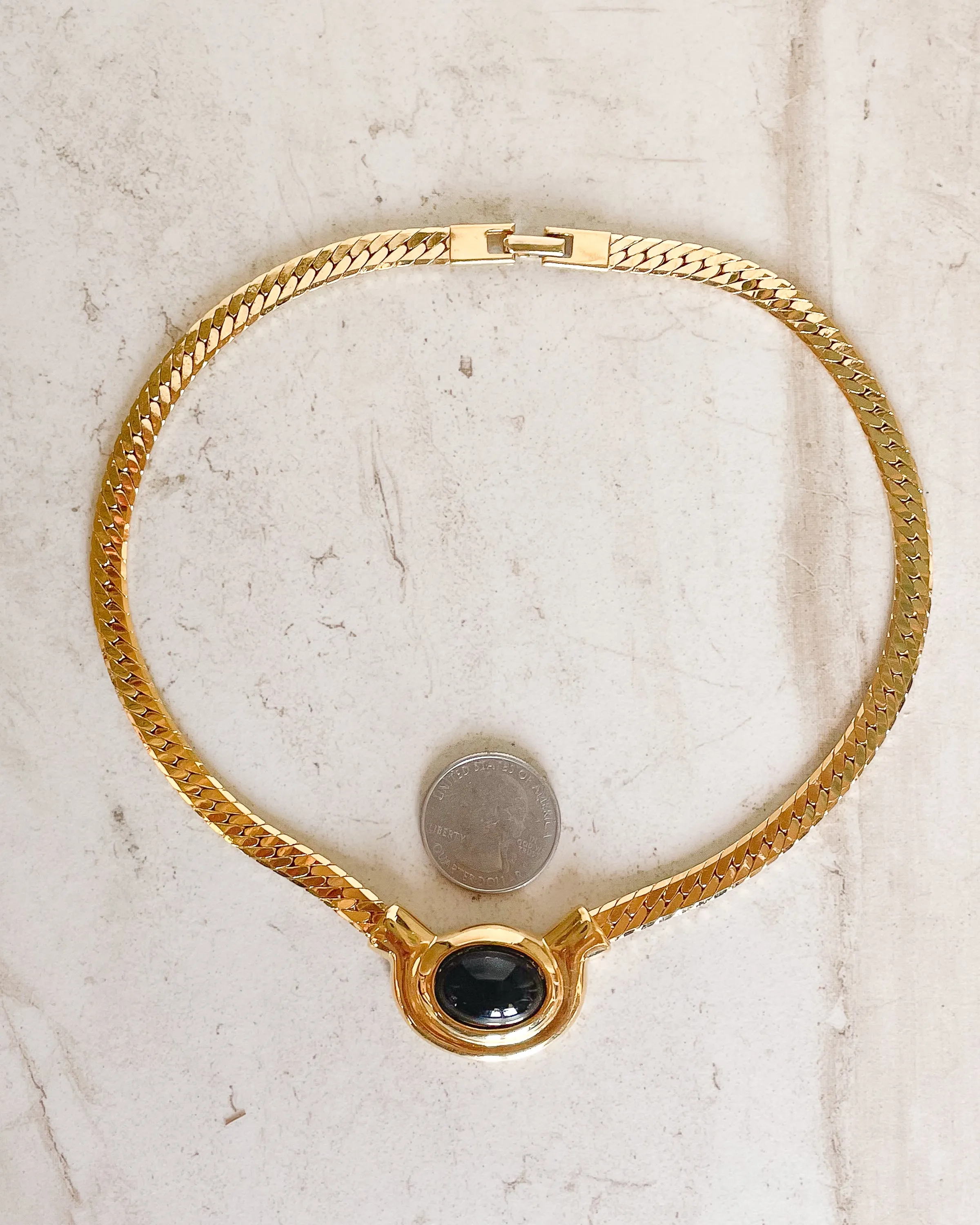 Vintage Signed Gold and Black Oval Stone Herringbone Necklace sold by Care Tucker product image thumbnail 2