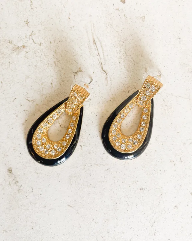 Vintage black enamel rhinestone teardrop earrings sold by Care Tucker