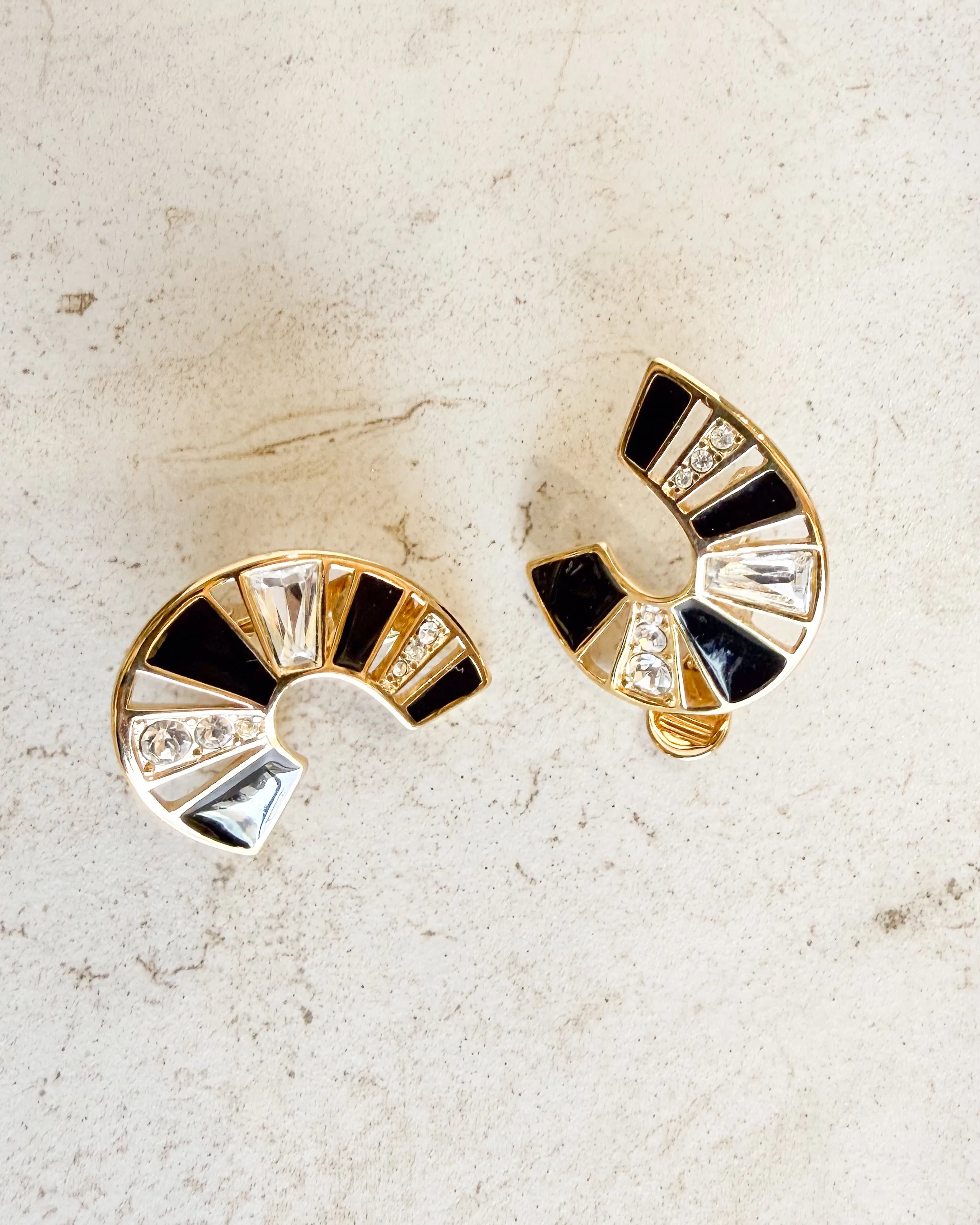 Vintage Art Deco Fan with Black white Crystals Clip On Earrings sold by Care Tucker