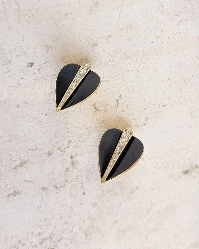 Vintage Signed Black Enamel Leaf Rhinestone Clip-on Earrings sold by Care Tucker