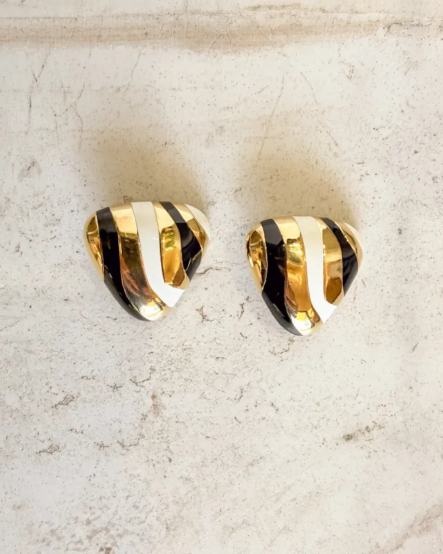 Vintage Signed Black White Enamel Gold Tone Clip On Earrings sold by Care Tucker